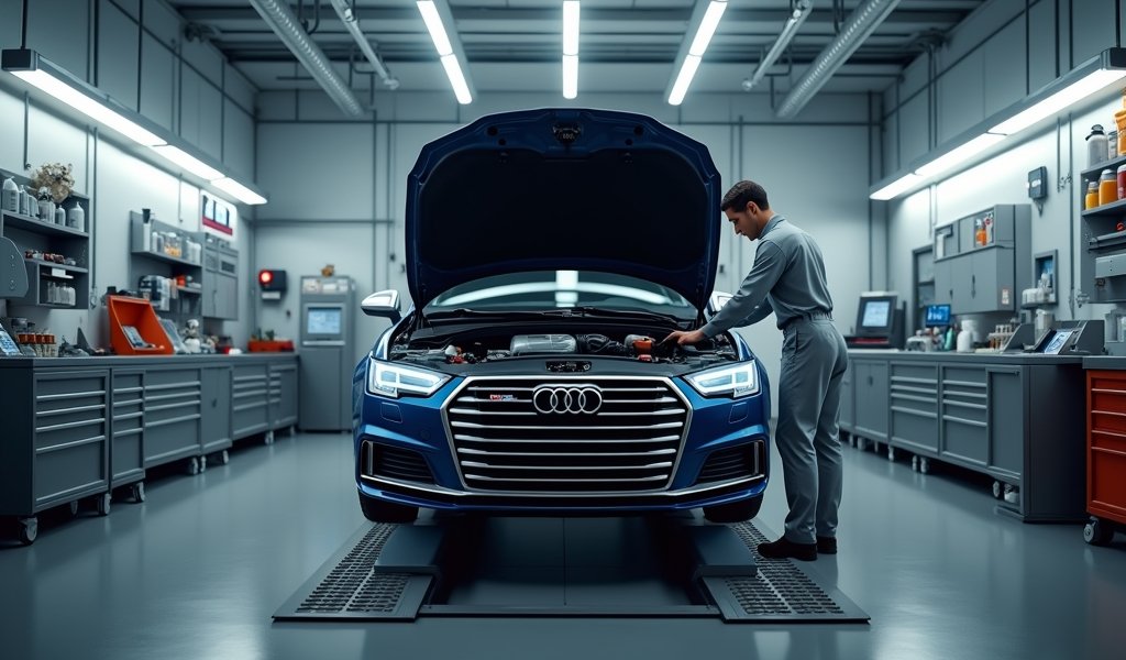 Here’s a concise Leonardo.AI prompt under 200 words: Prompt: “Create a hyper-realistic scene inside a pristine, professional auto repair shop. A modern sedan sits elevated on a hydraulic lift, hood open, with a technician in crisp uniform carefully inspecting its engine. Surroundings feature neatly organized tool cabinets, metal workbenches, diagnostic equipment, oil containers, and ambient overhead LED lighting casting soft shadows. Emphasize impeccable detail on engine components, glossy paint reflections, polished metal surfaces, and a sense of precision and care. Use a cinematic depth of field to draw focus to the car’s engine bay. Exclude all words, numbers, logos, or text overlays. High resolution, photorealistic quality, balanced composition, rich yet natural color palette.”